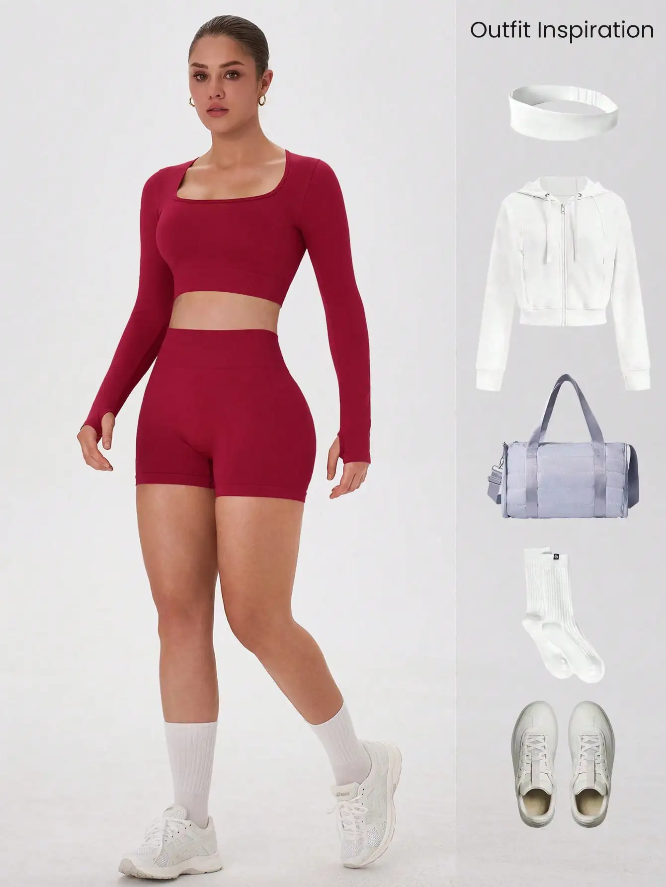 Ensemble de yoga sans couture ajusté pour femmes, haut court à manches longues, short taille haute pour l'entraînement