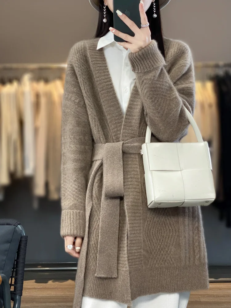 New Women Cashmere Sweater Autumn Winter Thick Long Cardigan 100% Merino Wool V-Neck Knitwear Female Grace Soft Fashion Coat Top