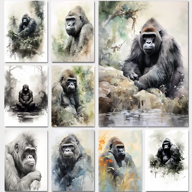 1pcs Canvas Painting Ink Painting Orangutan Canvas Painting By the Stream Room Decorative Framework Wall Decor Luxury Home Decor