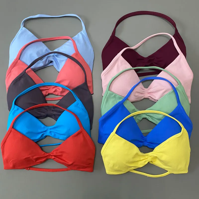 DFXEN Logo Women Seamless Halter Sports Bra Deep V Neck Yoga Bra Fitness Workout Gym Running Activewear Top image 5