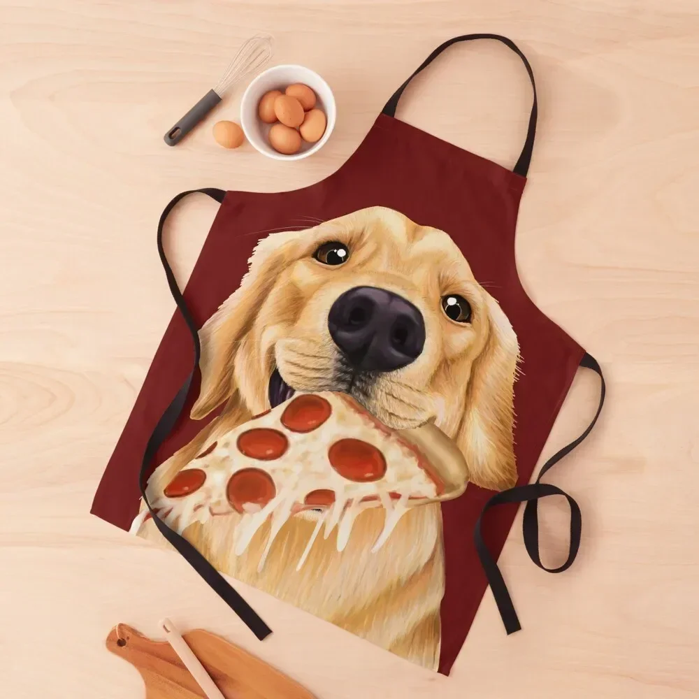 Golden Retriever eating pizza - dog with a slice of pizza Apron Restaurant Kitchen Equipment kitchen woman waiter Dress Apron