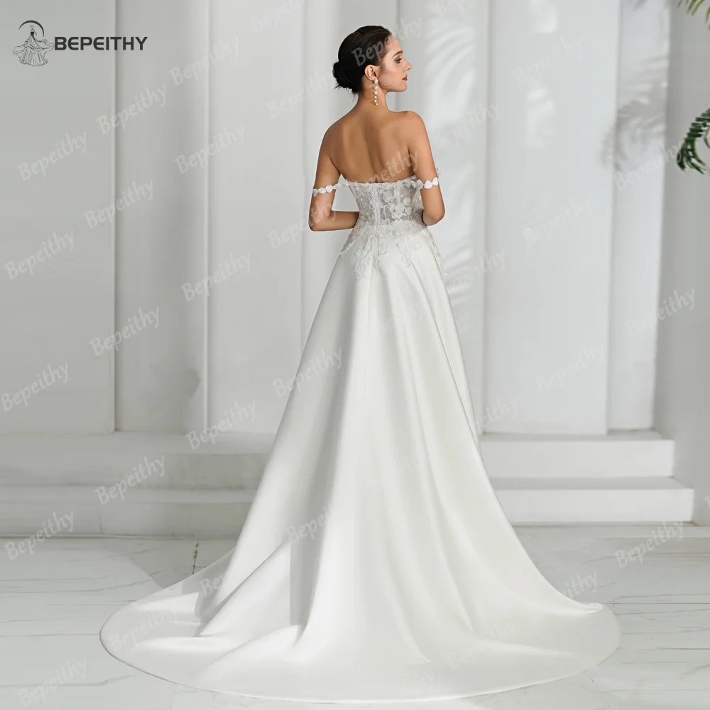 BEPEITHY Sweetheart Ivory A Line Wedding Dresses 2023 For Women Sleeveless Off Shoulder Boho Ivory Bride Satin Bridal Gown 2024