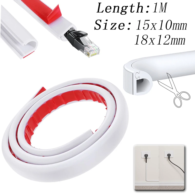 1M Self-Adhesive Cable Raceway, Wire Hider Cover for Wall, Cord Concealer Management, PVC Extension Cord Protector