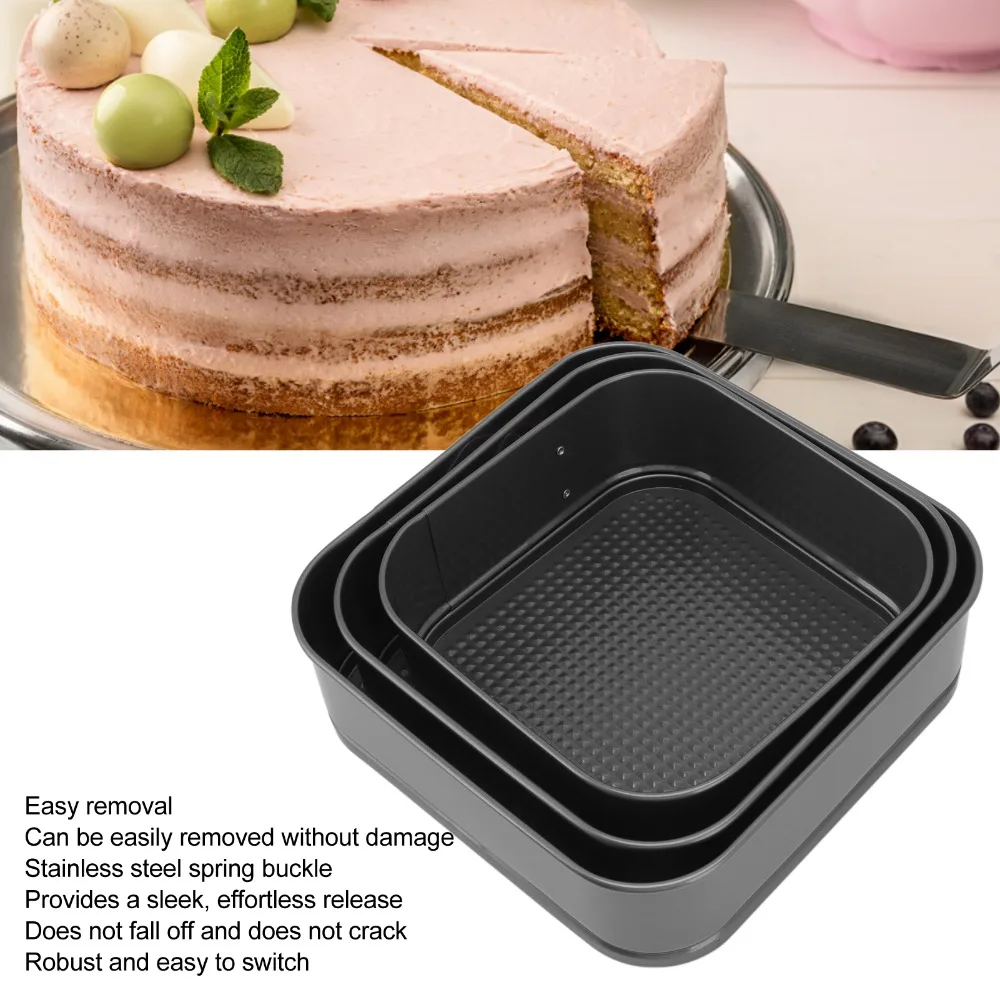 3pcs Carbon Steel Springform Cake Pan Nonstick Surface Non-Stick Cheesecake Pan Quadrate Rolled Edge Baking Pans