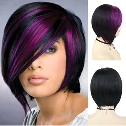 Syntetyczne Włosy Fioletowe Mieszane Czarne Peruki dla Kobiet Krótka Peruka Bob z Długą Grzywką Modne Peruki Drag Straight Style Cosplay Peruka Bobs