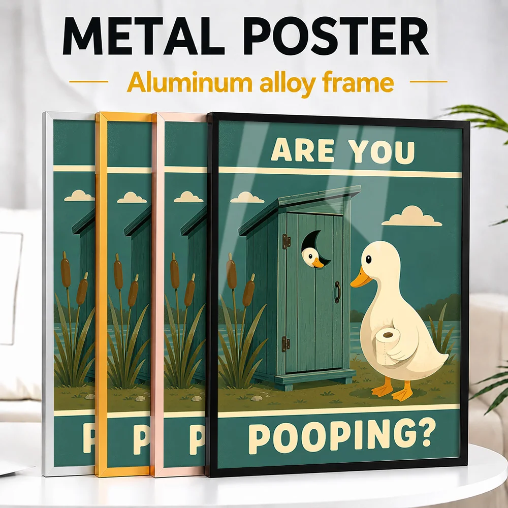 Funny Duck Outhouse Metal Poster With Aluminum Alloy Frame Customized Comic Style Wall Art For Bathroom Beside Vanity Mirror