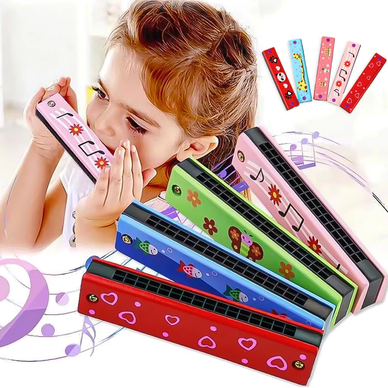 16-hole Wooden Chromatic Harmonica Toys Children's Beginners Mini Musical Instruments Cartoon Painted Harmonica Educational Toys