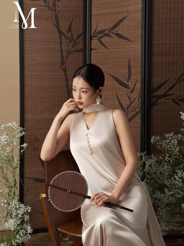 

Элегантный свадебный халат в китайском стиле, изысканное свадебное платье с открытой спиной, роскошное минималистичное платье для фотосессии, женская мода