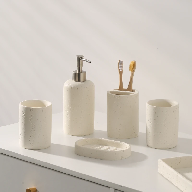 Bathroom, Off White Perforated Limestone Tray, Soap Dispenser, Toothbrush Holder, Cup, Soap Box, Natural Marble Decoration