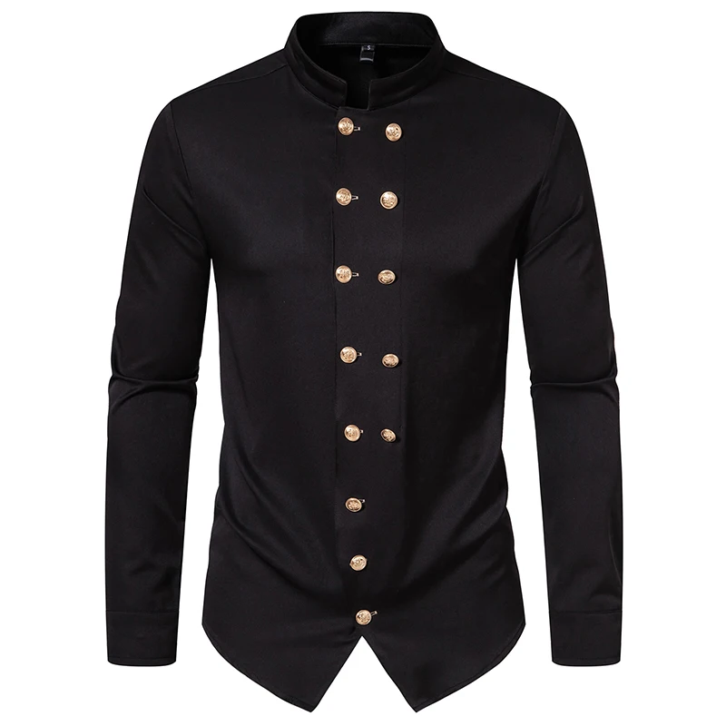 Men Long Sleeve Shirts Double Breasted Henry Collar Mens Dress Shirts Casual Male Clothes Chemise Hemd Homme Shirt S42