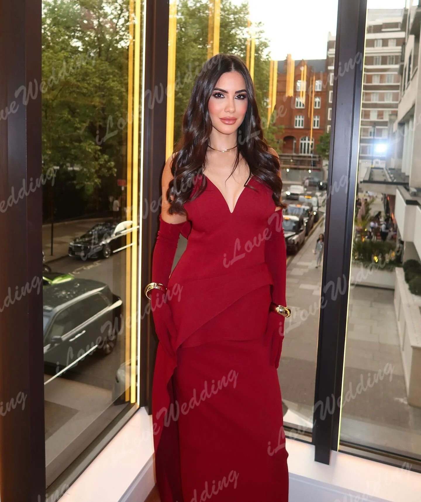 

Burgundy Elegant Dress V-Neck Asymmetrical Ruffles Women Wedding Party Gowns 2025 Prom Dress for Dubai Customized without Glove
