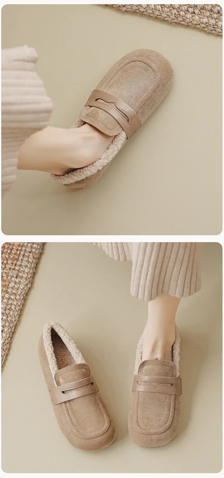 Lässige Flache Schuhe aus Lammwolle für Damen, Schuhe mit Obermaterial aus Flock, Winter-Loafer mit breiter, quadratischer Zehenpartie, Pelz-Mokasins für Damen, mit Baumwollfutter, Schafsfell-Stiefel – Detail 7