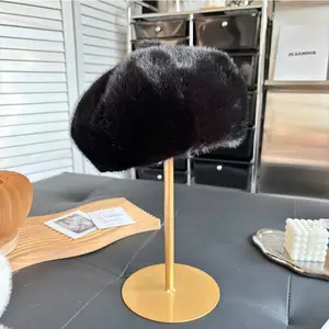 Women's Faux Fur Beret Hat Thickened Warm Autumn Winter French Style Artist Painter Cap Casual Adjustable Plush Beanie