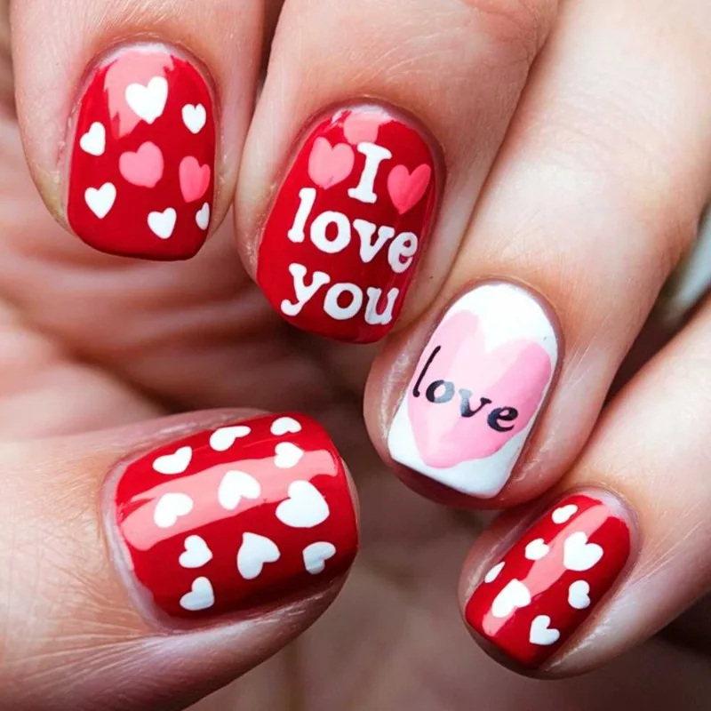 

24PCS Valentines Red Short Square False Nails with Sweet Heart Love Patterns Press on Nails Wearable Fake Nails for Women Patch