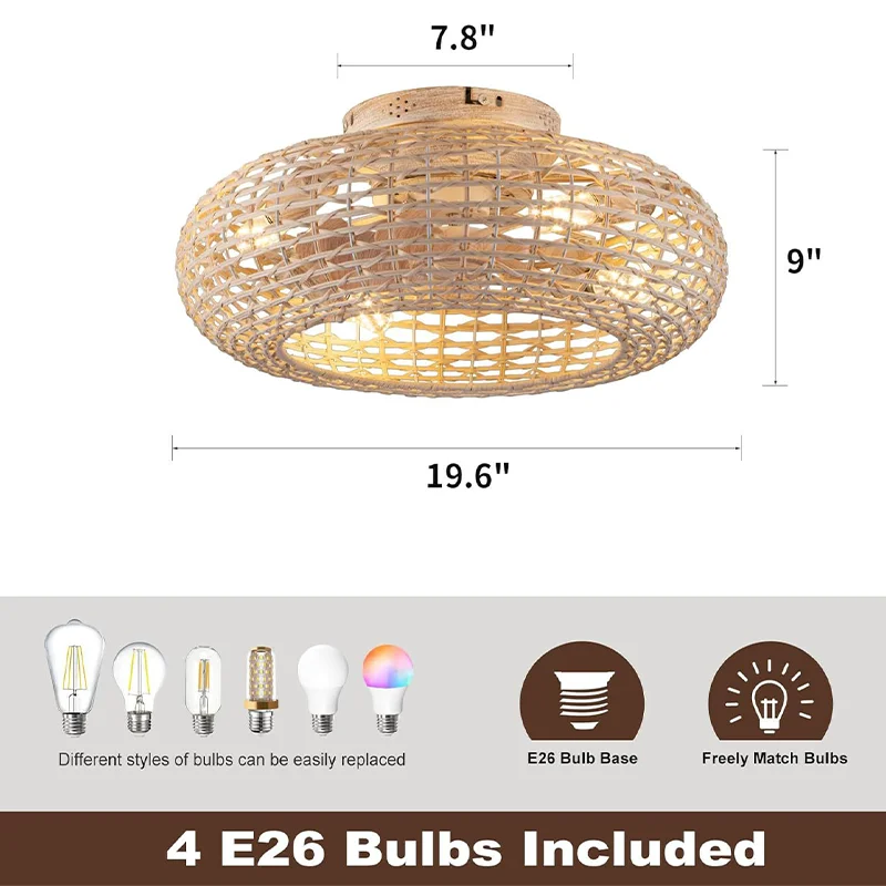 New American style bamboo woven ceiling fan lamp living room bedroom lamp invisible cage style restaurant bamboo art fan lamp