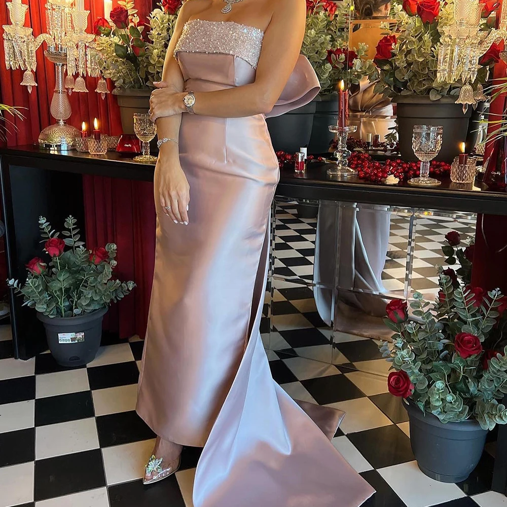 

Customized Exquisite Crystal Satin Evening Dress Delicate Strapless Straight Sleeveless Panel Train Floor Length Celebrity Gowns