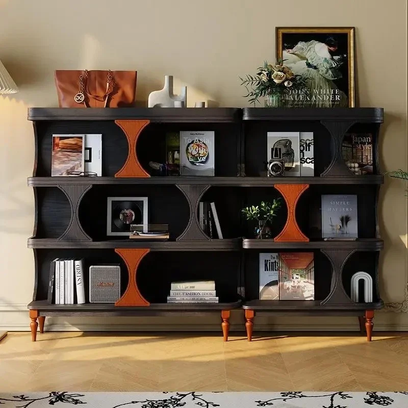 

Half wall bookcase retro living room module combination floor side cabinet solid wood short display cabinet