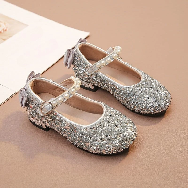 

Sparkling Sequin Princess Dance Shoes for Girls New Style Spring Autumn Leather Performance Shoes with Low Heel Matching Dress