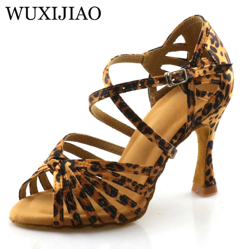 WUXIJIAO Classic Knotting Latin Dance Shoes English Leopard Satin Dance Shoes Sasha Tango Dance Shoes