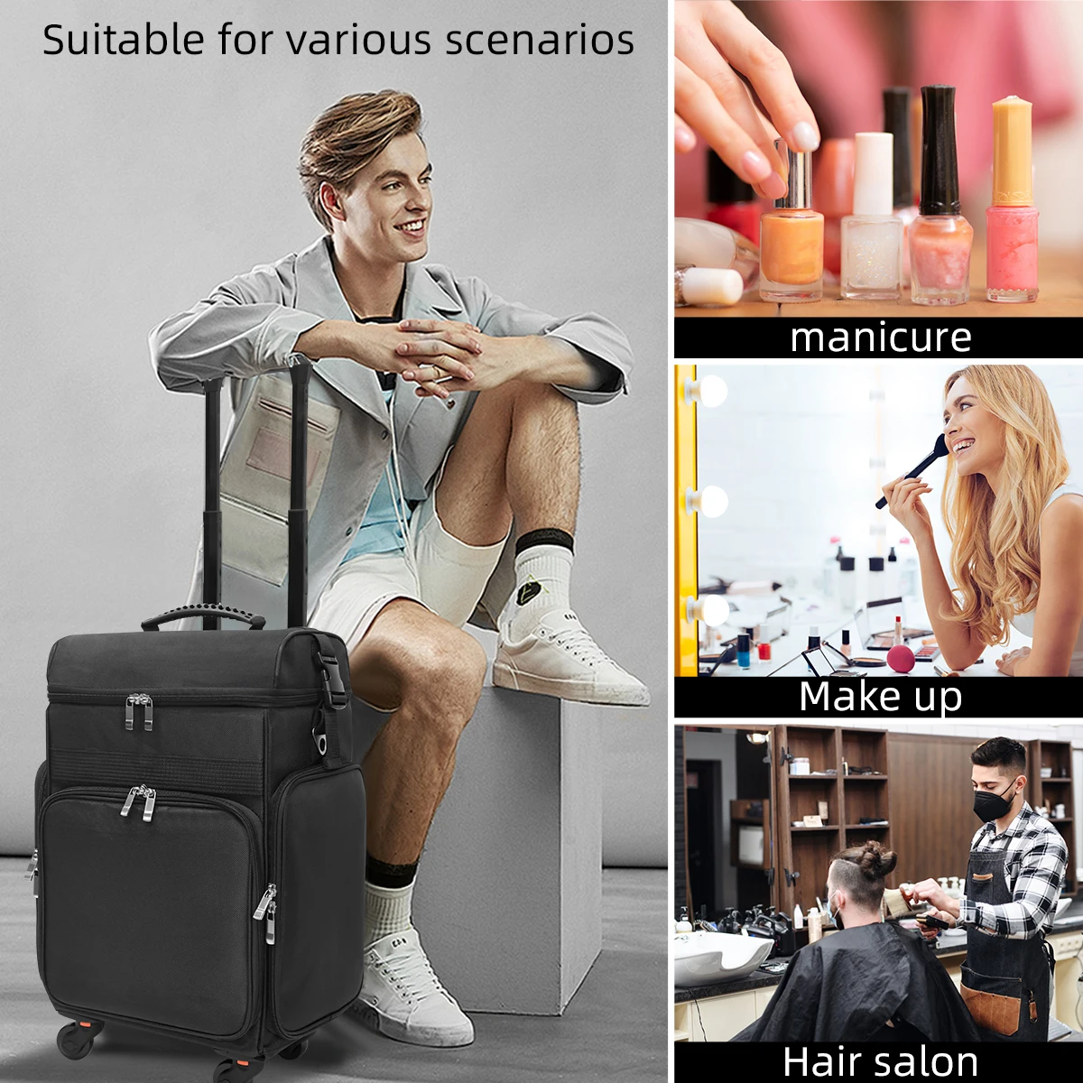 Draw Bar Box Canvas Trolley Case High Capacity Storage Beauty Case for Makeup Artist Manicure Hairdresser Barber Tools