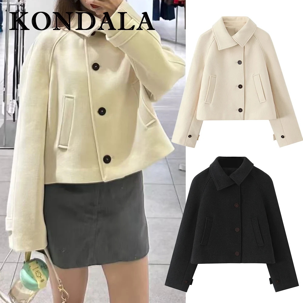 KONDALA Chic Beige Casual Woman Fashion 2025 Short Coats Single Breasted Outwear Vintage Autumn Pockets Streetwear Female Jacket