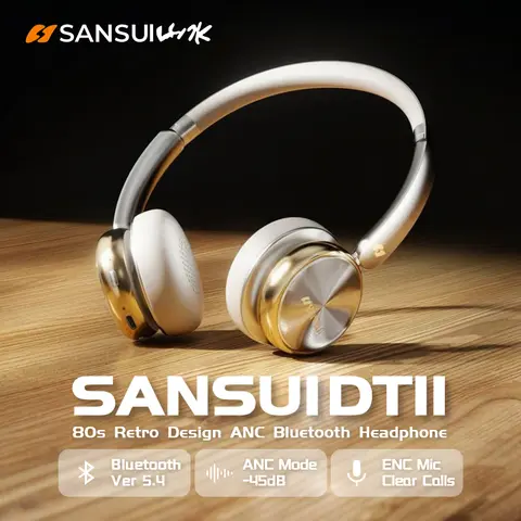 Sansui DT11 ANC 무선 Bluetooth 5.4 헤드폰 -45dB 능동형 소음 감소 헤드셋 50H 재생 시간 오버 이어 레트로 이어폰