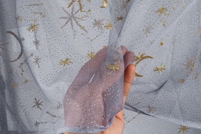 4 colors Gold Star Moon Embroidery Lace Fabric Gold Glitter dot Floral Tulle For Girl Dress, Top Blouse,  , Wedding Background