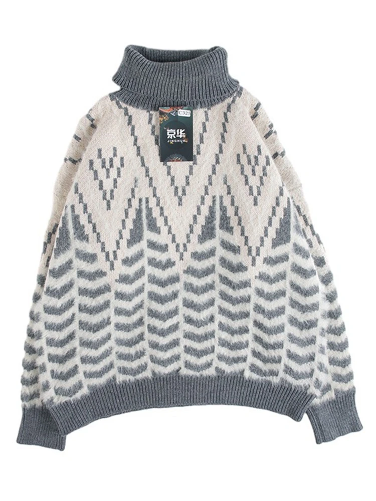 빈티지 루즈핏 울 스웨터 패턴 페어 아일 컬러 블록 가을 겨울 패션 출퇴근 라운드 넥 롱 스웨터