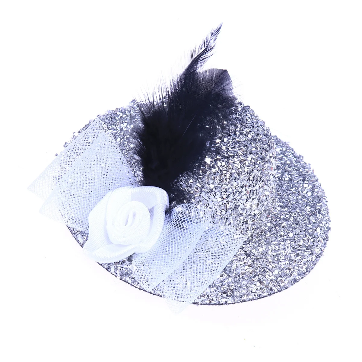 シルバーの光沢のあるミニシルクハットクリップヘッドドレス、ダンスパーティー、コスプレ、仮面舞踏会、宴会、ステージパフォーマンス用の女性用帽子