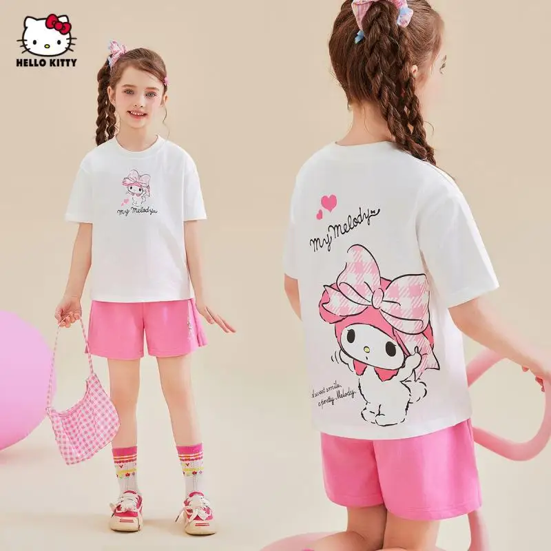 

Sanrio Girls Shorts 2Pcs Hello Kittys Girls Summer Short Sleeve My Melody Children's New Style T-Shirt Fashion Contrast Set Hot