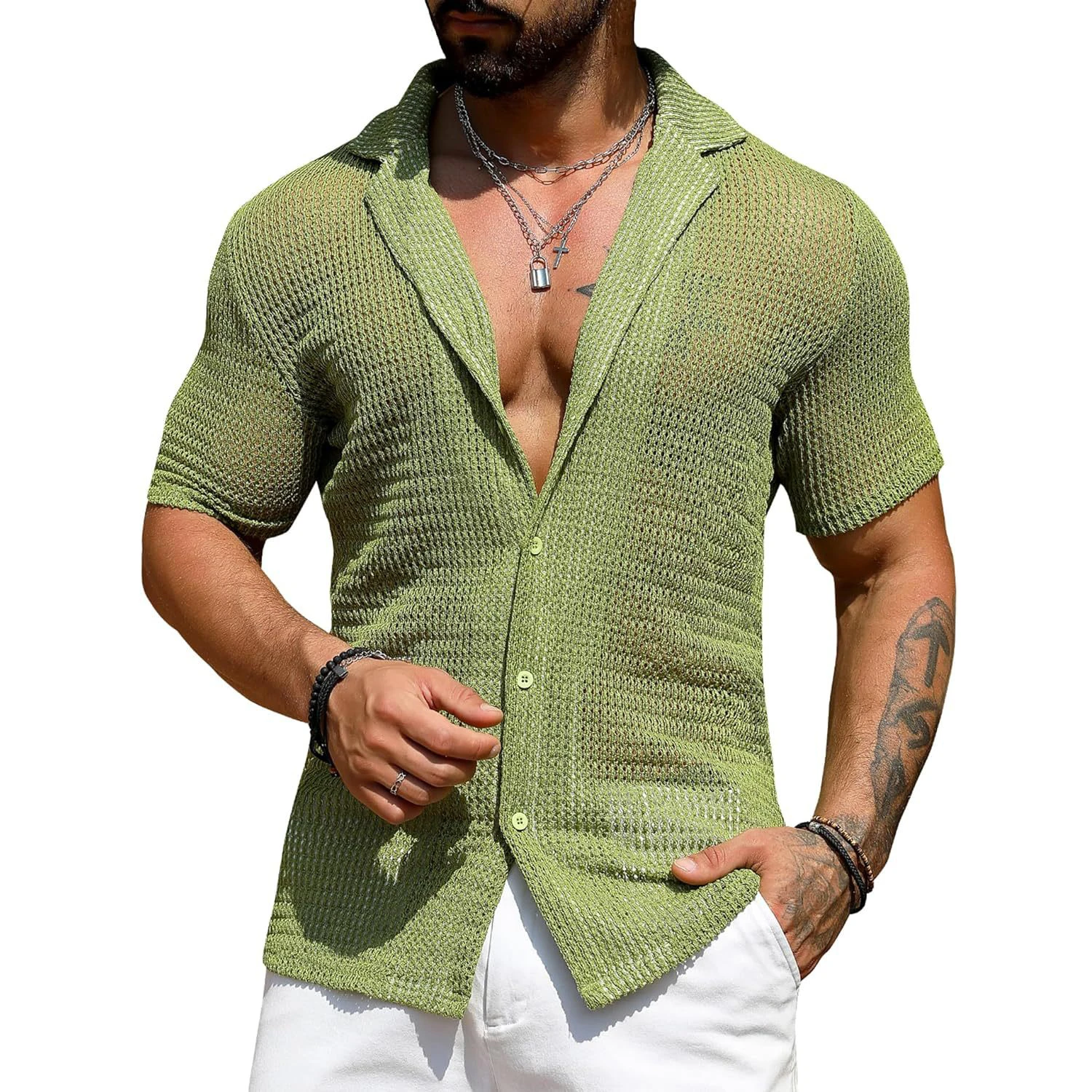 

2024 Summer New Solid Color Hollow Breathable esh Casual Short-sleeved Shirt Tops Men's Single-breasted Buttons