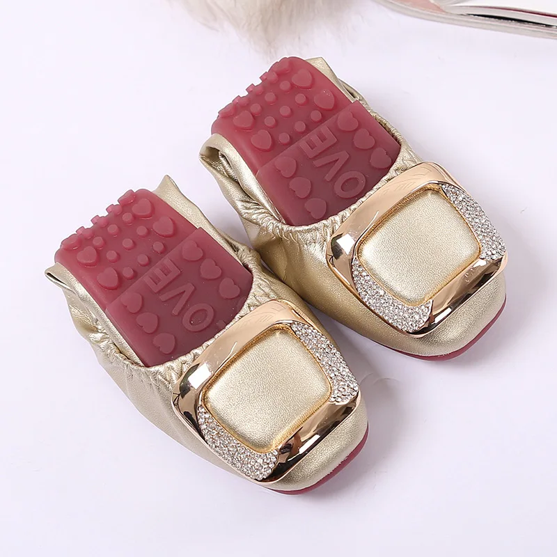 Spring Elegant Woman Round Toe Rhinestone Mary Jane Metal Square Buckle Lady Ballerina Flats Designer Soled Soft Female Shoes