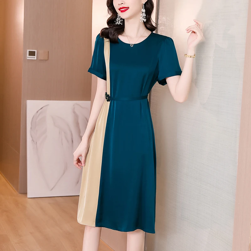

2022 Contrast Color Satin Natural Silk Midi Dress Women Fashion Lightweight Casual Party Sweatshirt Summer Korean Style Elegant