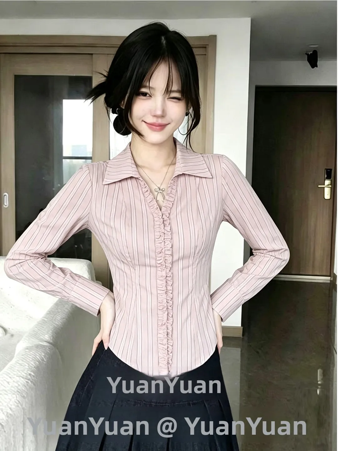 Slim Fit Long Sleeve T-Shirt Pink Stripe Color Block Collar Casual Autumn New Style Women's Fashion Breathable Polyester Top