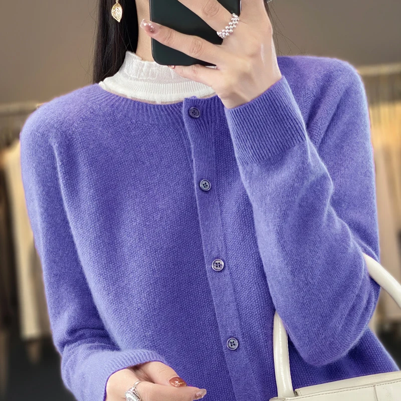 

100% Merino Wool Button O Neck Cardigan Sweater Versatile Solid Color Women Autumn Winter Fashion Minimalist Cashmere Outerwear