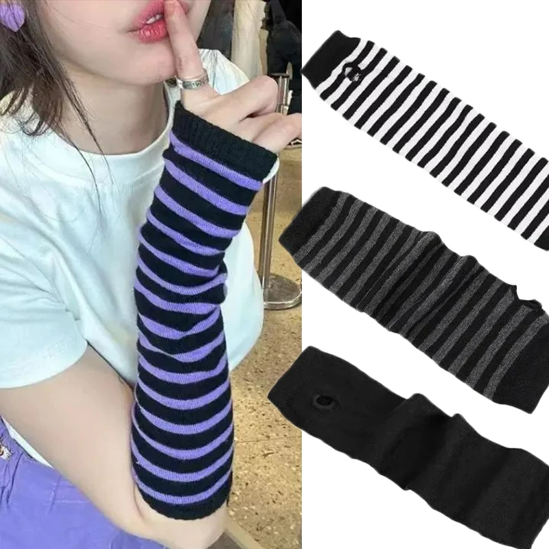 Punk Long Sleeves Fingerless Gloves Cuff for Women Men Outdoor Stripe Hip-Hop Knitted Elbow Mittens Elastic Arm Long Sleeves Y2K