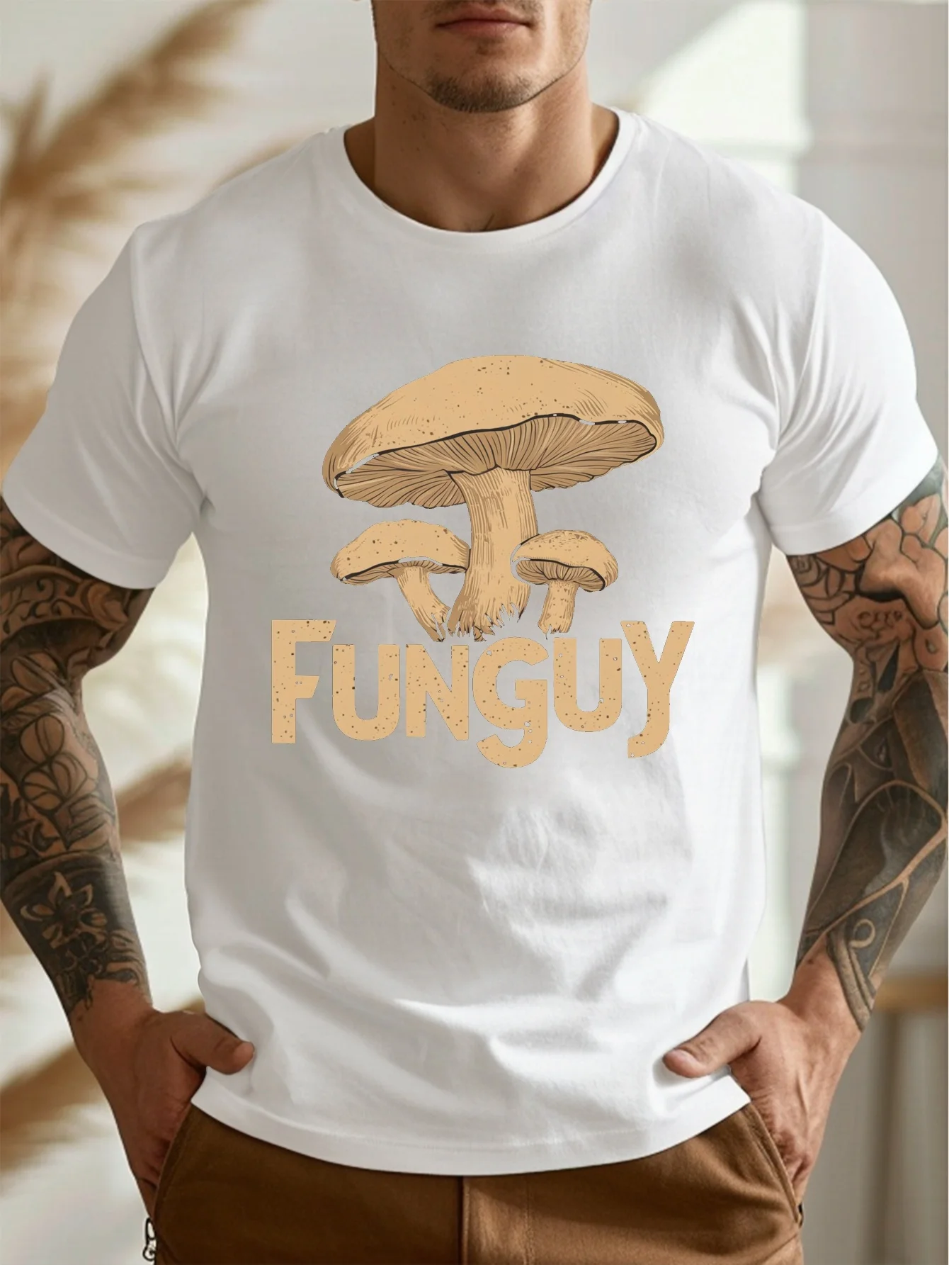 [تي شيرت مطبوع عليه فطر Funguy] تي شيرت صيفي خفيف الوزن للرجال مطبوع عليه فطر Funguy - بلوزة كاجوال بأكمام قصيرة ورقبة دائرية