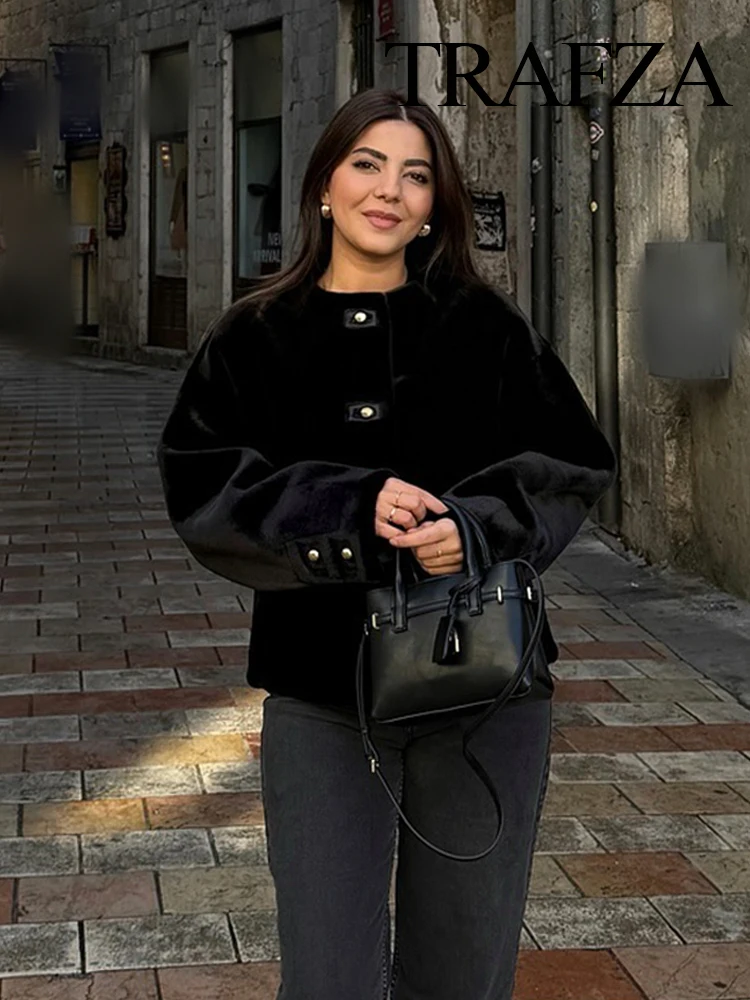 TRAFZA Giacca da donna con tasca effetto pelliccia sintetica moda invernale femminile elegante girocollo monopetto manica lunga capispalla caldo