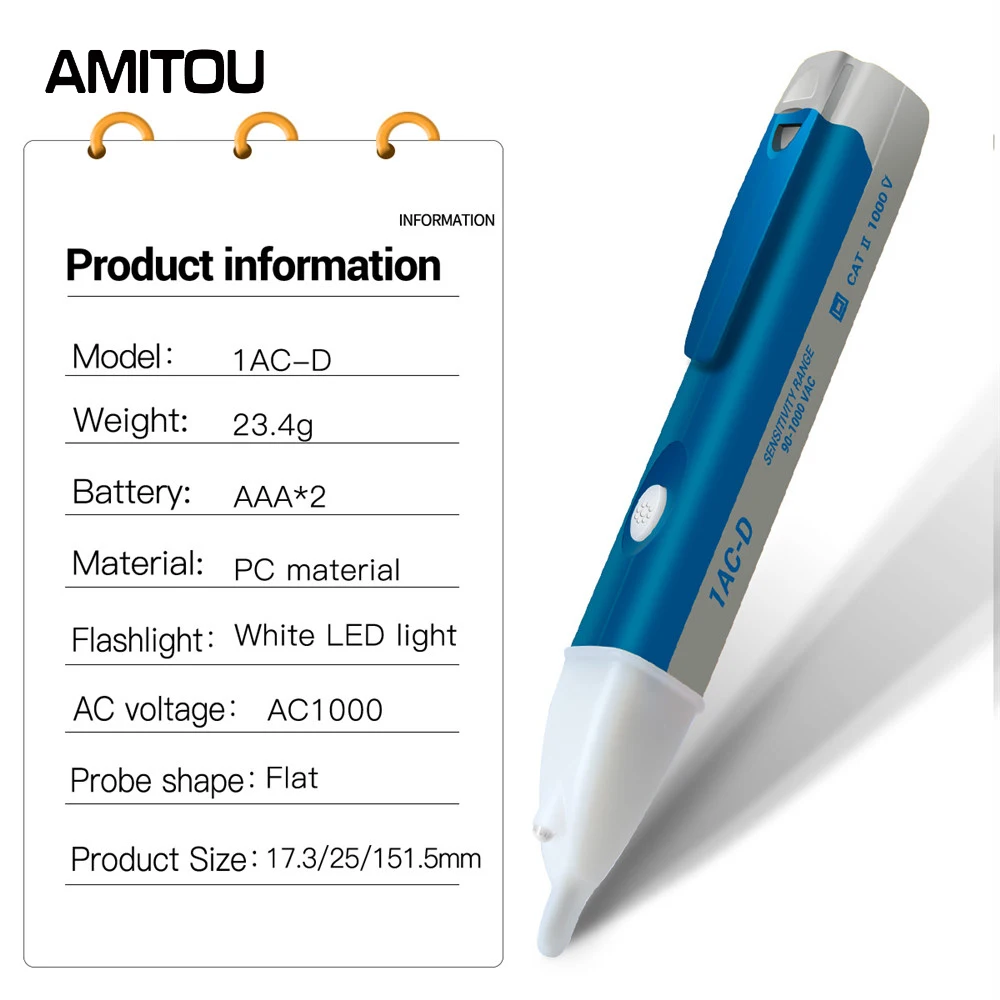 AMITOU 1AC-D AC Voltage Detectors Digital Non-Contact Test Pencil Electric Voltage Meters 90-1000VAC line Breakpoint Tester