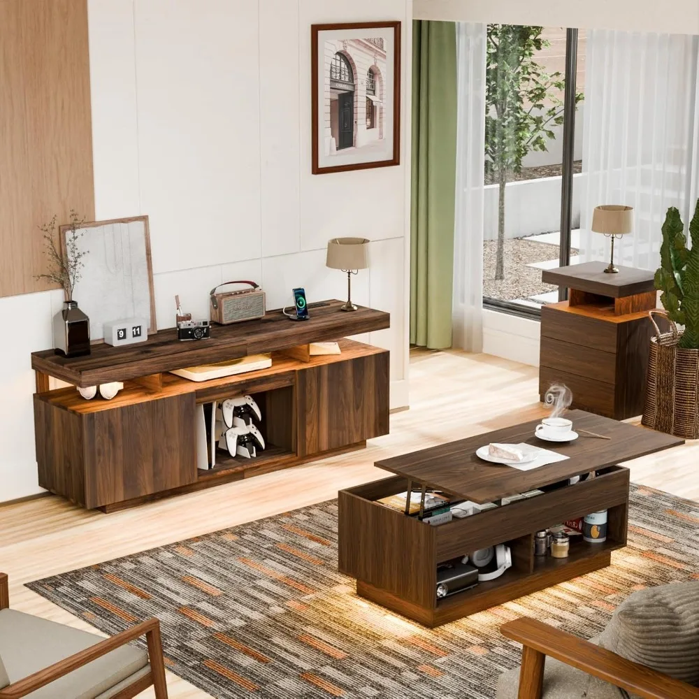 

LED Lift Top Coffee Table & TV Stand Set, Power Outlets for 70" TV, Hidden Storage, Walnut