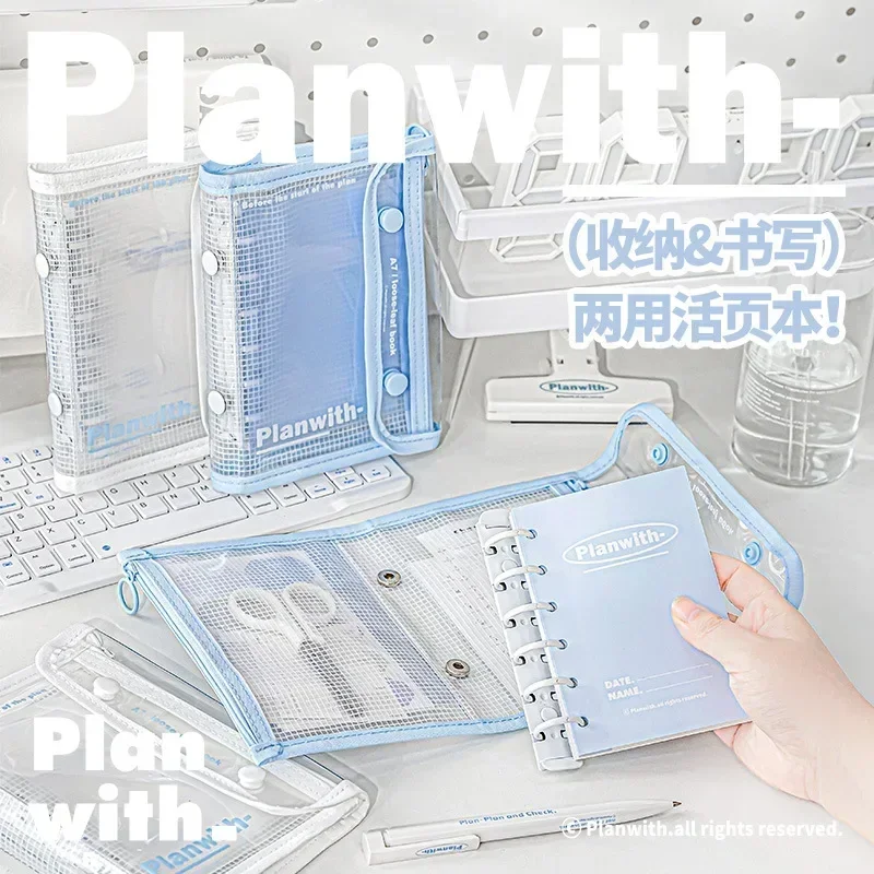 42 Sheet A7 Simpliicty Notebook White Blue Journal Binder Notepad for Student Transparent Stationery Notebooks Storage Bag