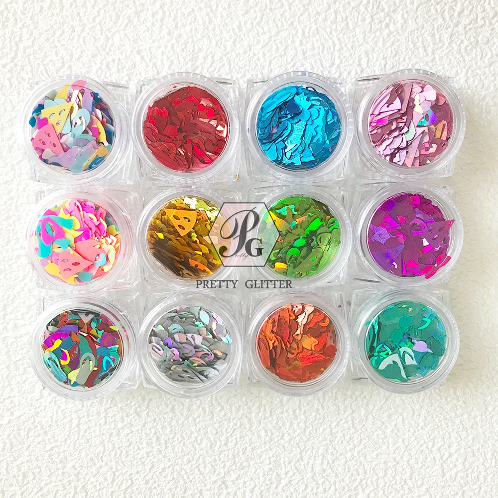 PrettyG 1 Set 12Color Box Summer Beach Set Sequin Glitter Shape Holographic Hawaii Bikini Glitter For DIY Nail Art Decoration