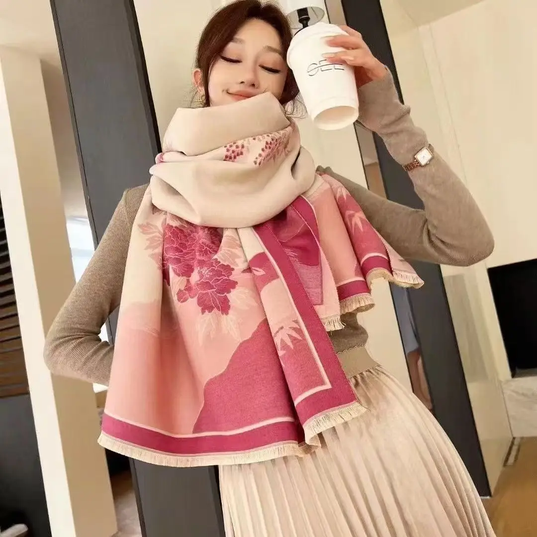 

Women's Autumn Winter Thicken Flower Print Scarf Alpaca Wool Rectangular Oversize Warm Scarf Dual Purpose Versatile Shawl