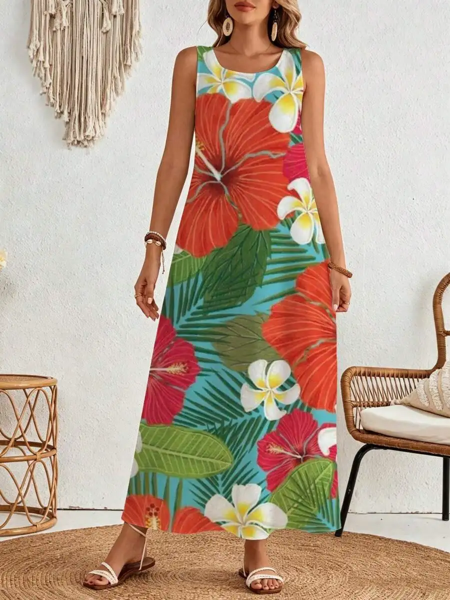 

Floral Maxi Dress Turquoise Red White Flowers Green Leaves Print Beach Vacation Summer Wear
