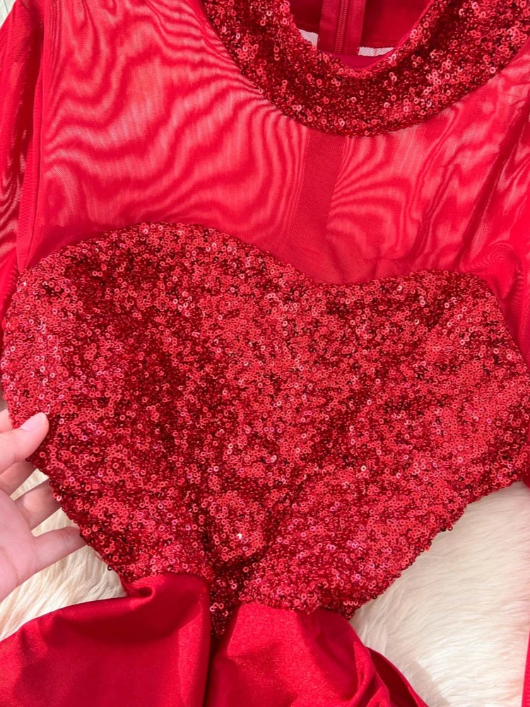 French Elegant Luxury Satin Sequin Dress for Women Feather-Sleeve Patchwork Long Sleeve Slim Ruffle Hem Vintage Casual Dresss