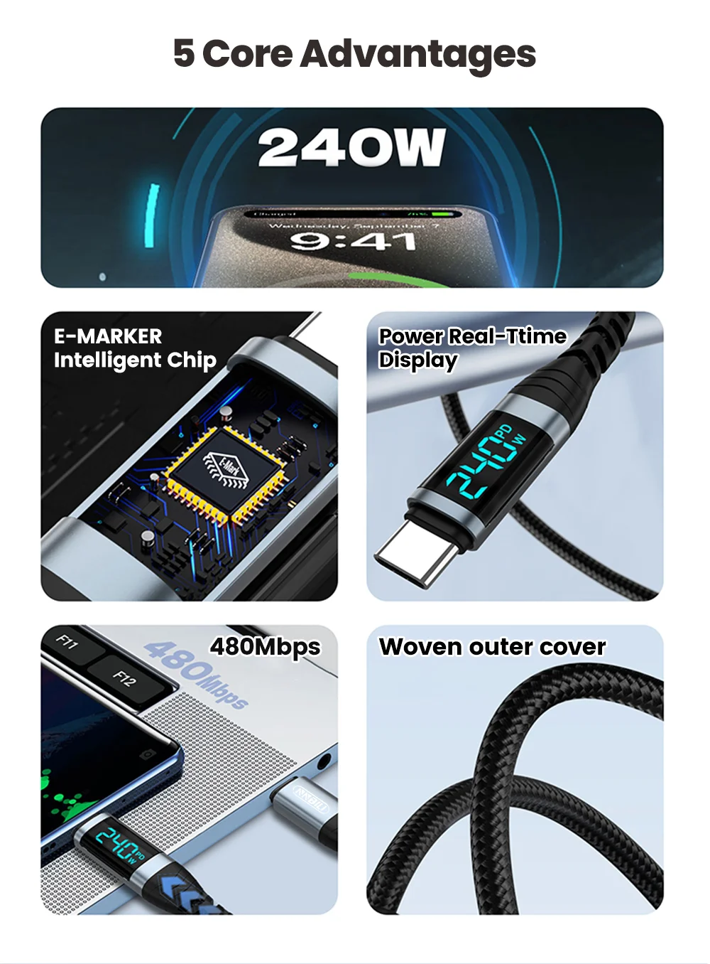 NNBILI 240 W Typ C auf Typ C Super Charge Digital Display Kabel 0,5 m-2 m USB C Datenkabel für iPhone 15 16 Samsung Huawei Xiaomi – Detail 2