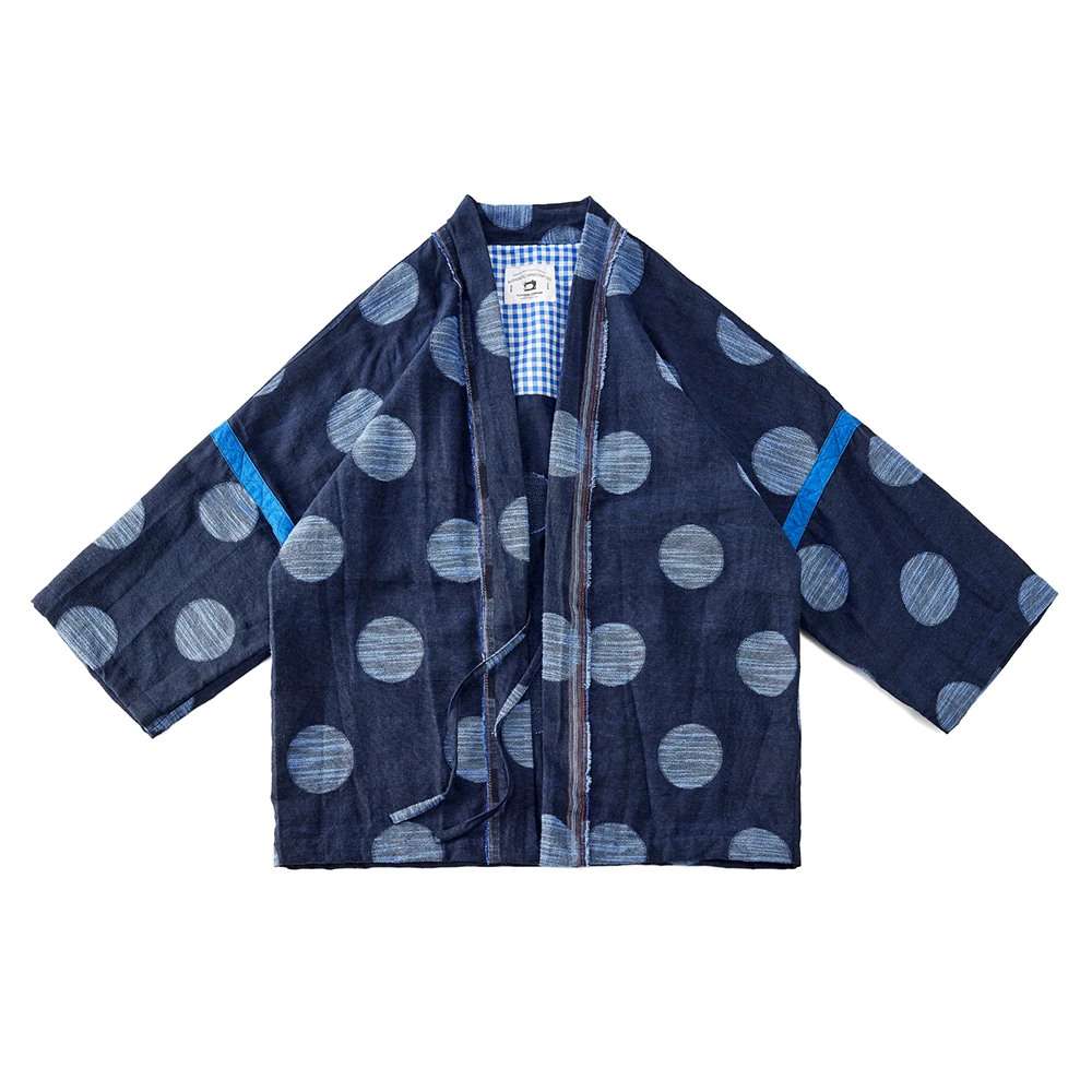 Japanese Vintage Washed Embroidery Indigo Jacket Men Spring Autumn New Thin Raglan Sleeve Yarn Dyed Robe Casual Cardigan Coat