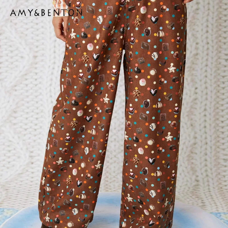 2025 Autunno Inverno Nuovi Pantaloni da donna Design originale Dolce e carino Stampa di caramelle Velluto a coste marrone Pantaloni dritti versatili da donna