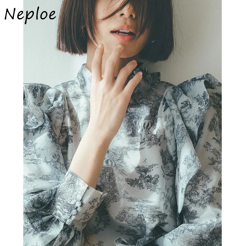 Neploe 2024 Early Spring New Women Tops Elegant Sweet Blouses Stand Collar Ruffled Long Sleeve Back Bowknot Lace Up Shirts