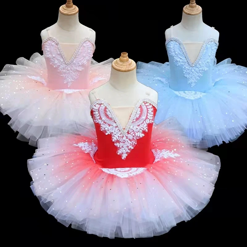 

2022 New Ballerina Fairy Prom Party Costume Kids Blue Sequined Flower Dress Girls Dance Wear Gymnastic Ballet Leotard Tutu Dress